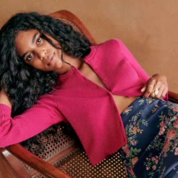 Sezane Kylie Fuschia Cotton Cardigan- Size XL - Picture 1 of 4